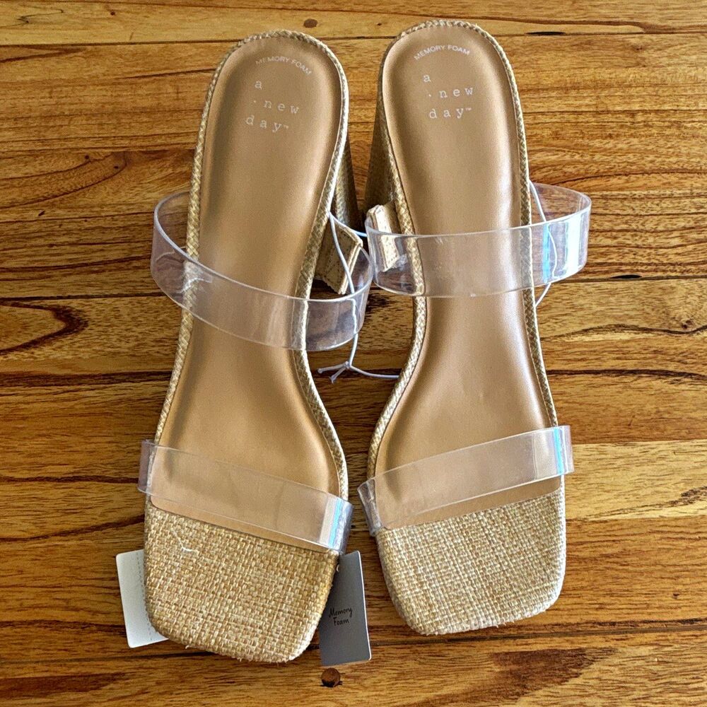 A New Day Women's Clear Strap Block Heel Mule Memory Foam Beige US 9.5